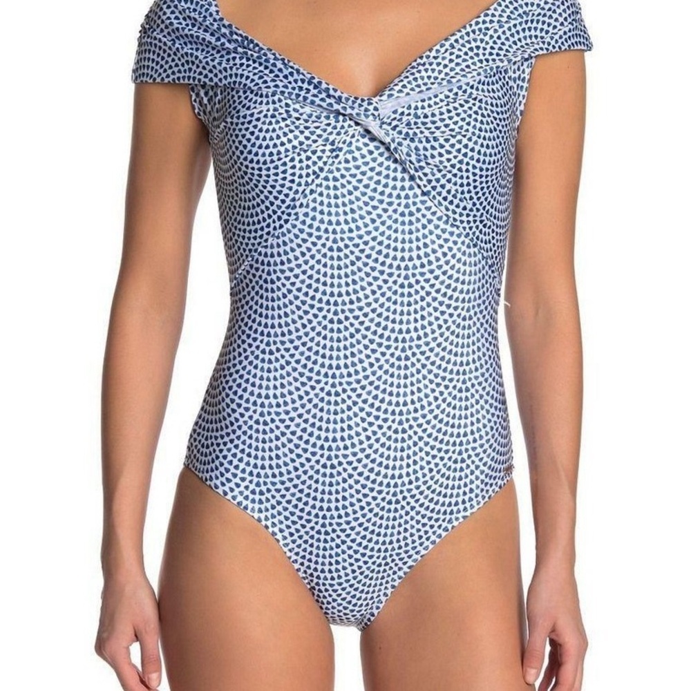 Nicole Miller Off Shoulder One Piece Swimsuit Blue White Medium
